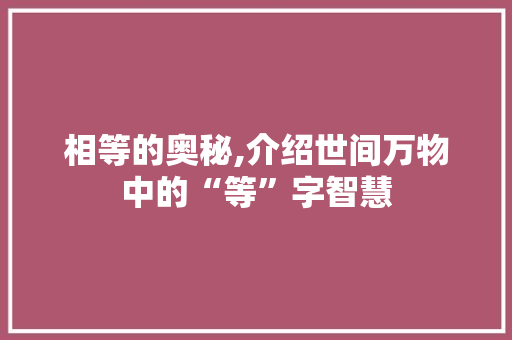 相等的奥秘,介绍世间万物中的“等”字智慧